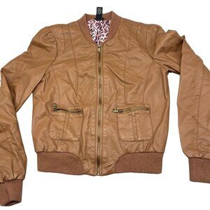 rue 21 foe leather jacket zip up brown pockets rayon blend jr large READ
